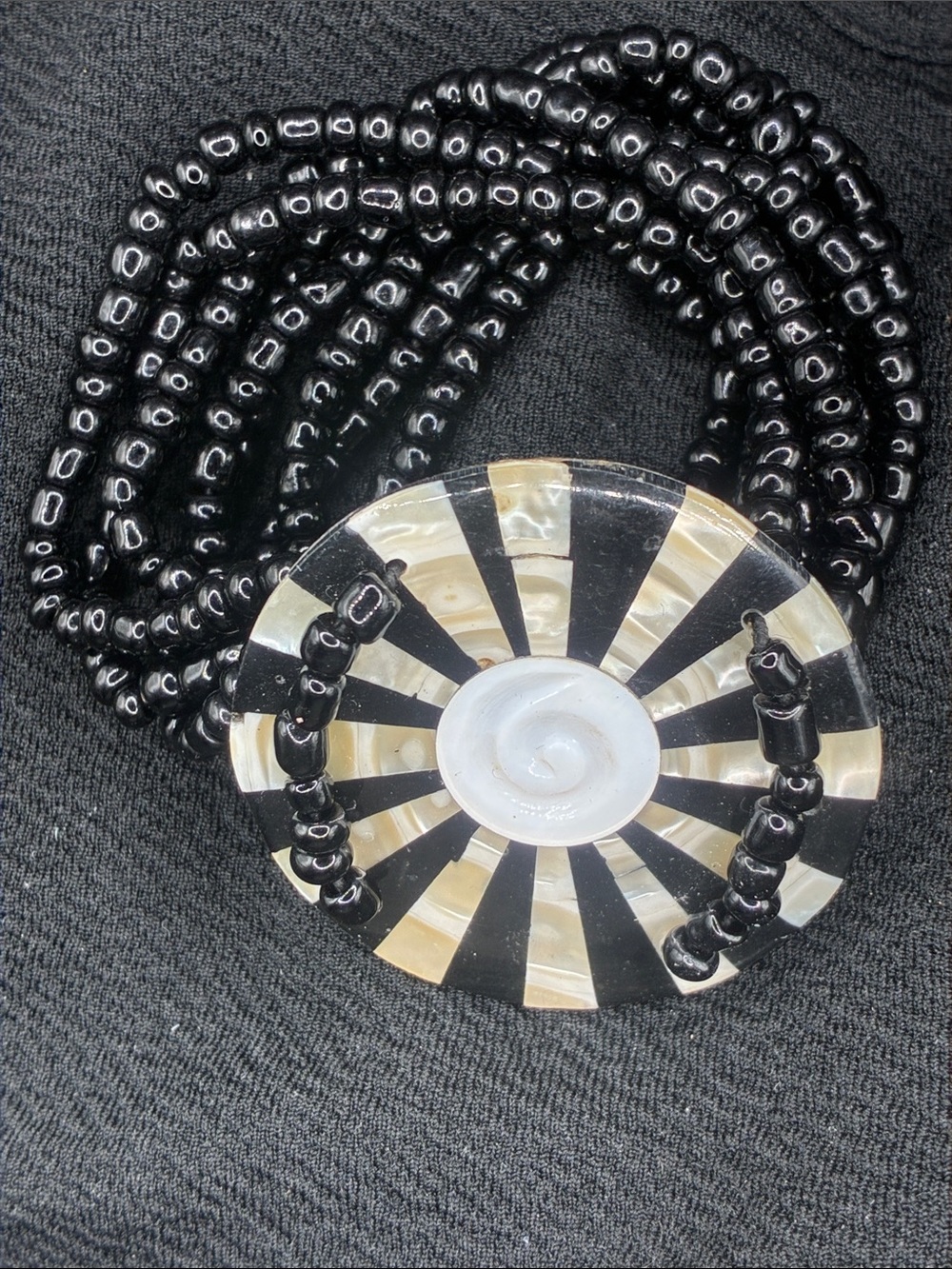 Black Beaded Statement Necklace with Circular Shell Pendant
